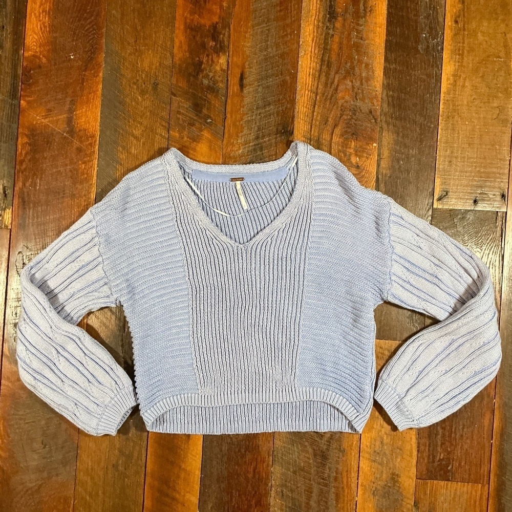 Free People Cropped V-Neck Sweater Light Blue Balloon Sleeve Women’s Small